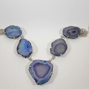 Handmade Blue Agate Slice Necklace in Sterling Silver Unique Gemstone Jewelry